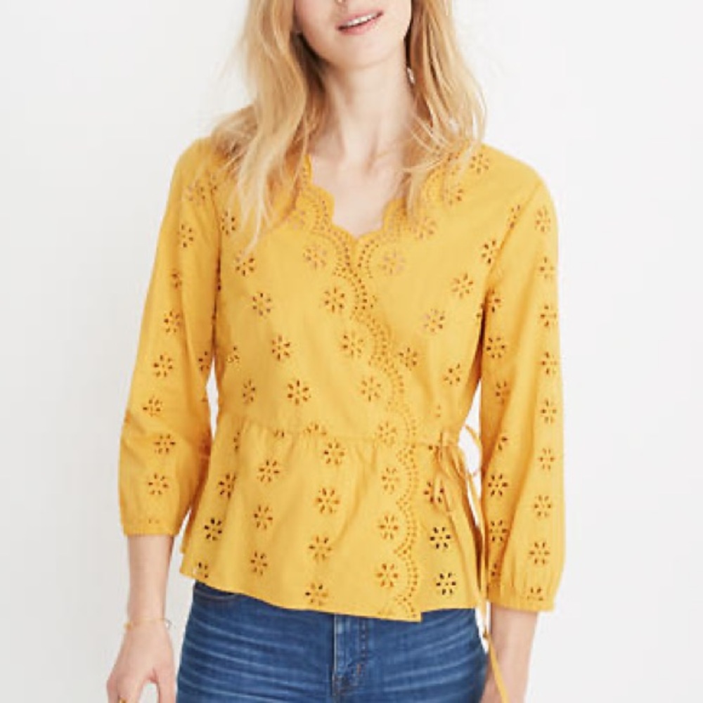 Madewell Scalloped Eyelet Wrap Top in Pink